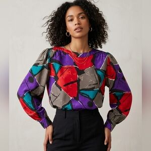 Vintage Jordan Abstract Print Long-Sleeve Blouse - Red, Purple & Teal